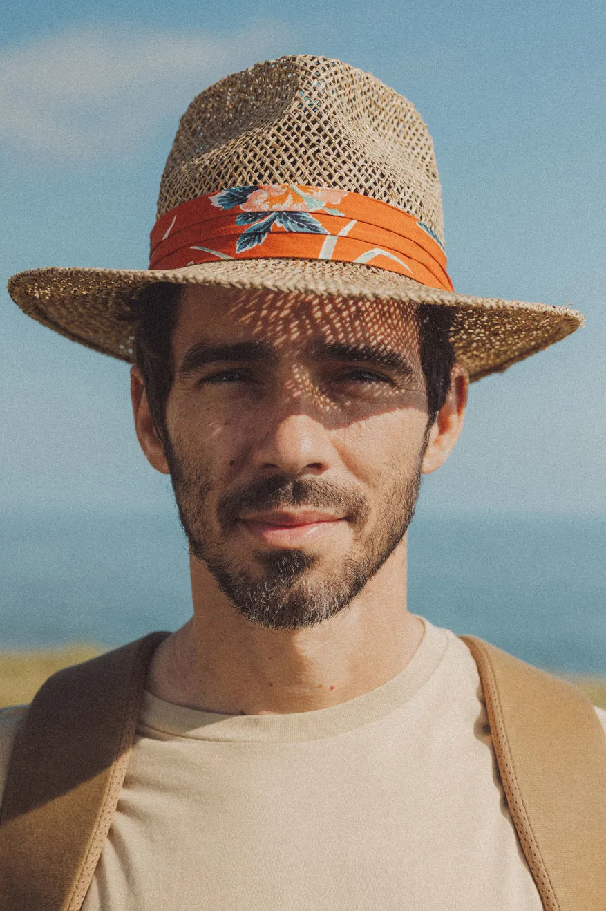 Aloha Straw Fedora - Natural/Burnt Red