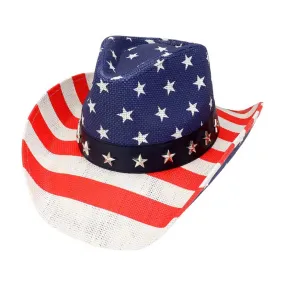 American Flag Star Stud Faux Leather Band Straw Cowboy Hat