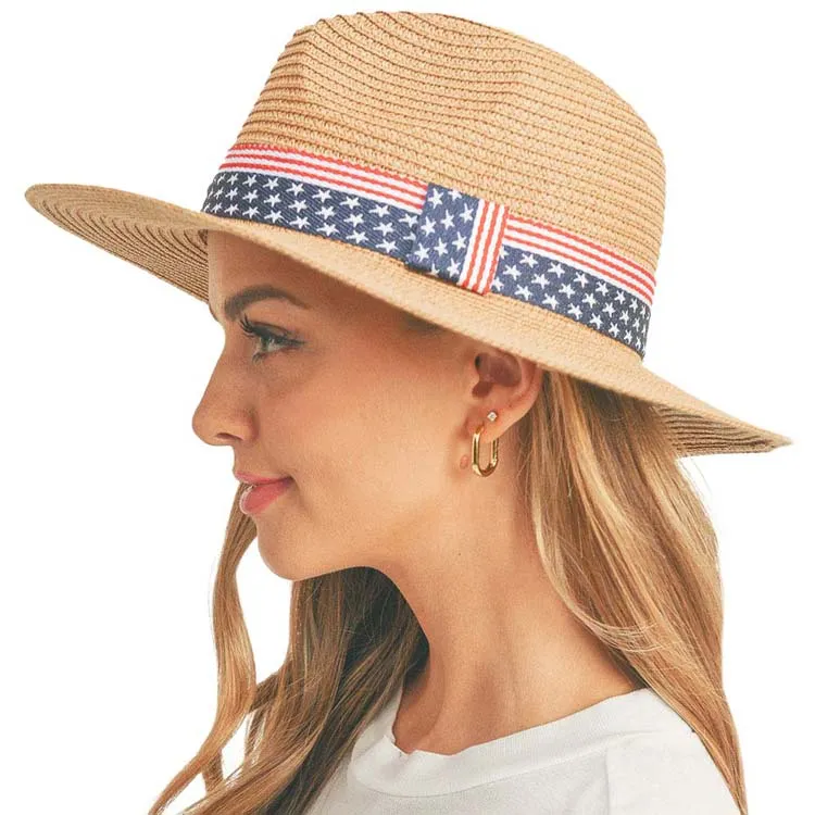 American USA Flag Band Panama Straw Sun Hat