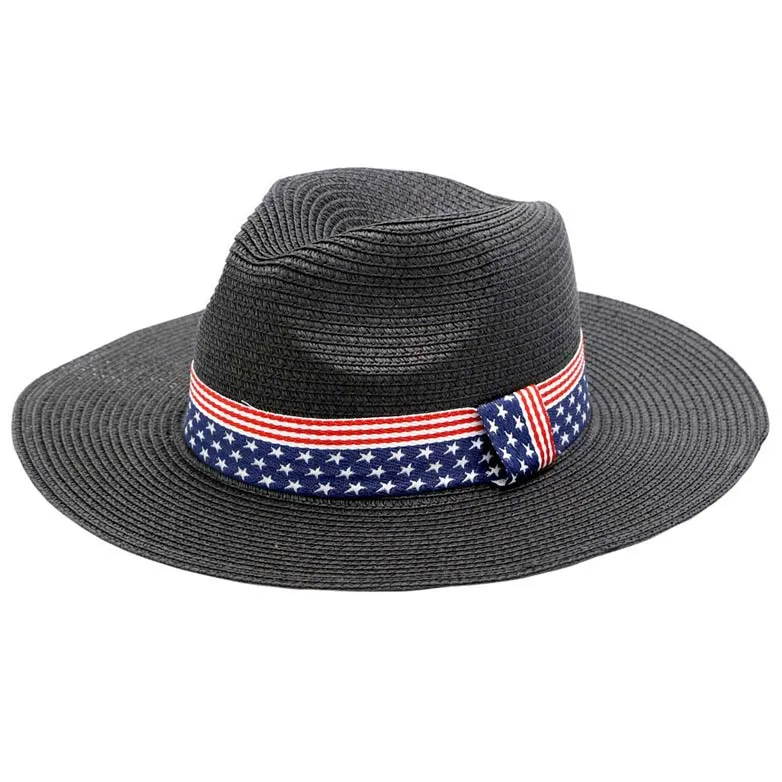 American USA Flag Band Panama Straw Sun Hat