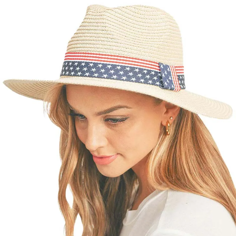 American USA Flag Band Panama Straw Sun Hat