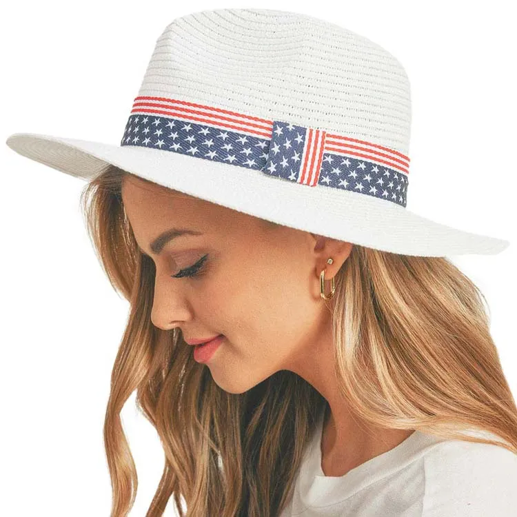 American USA Flag Band Panama Straw Sun Hat