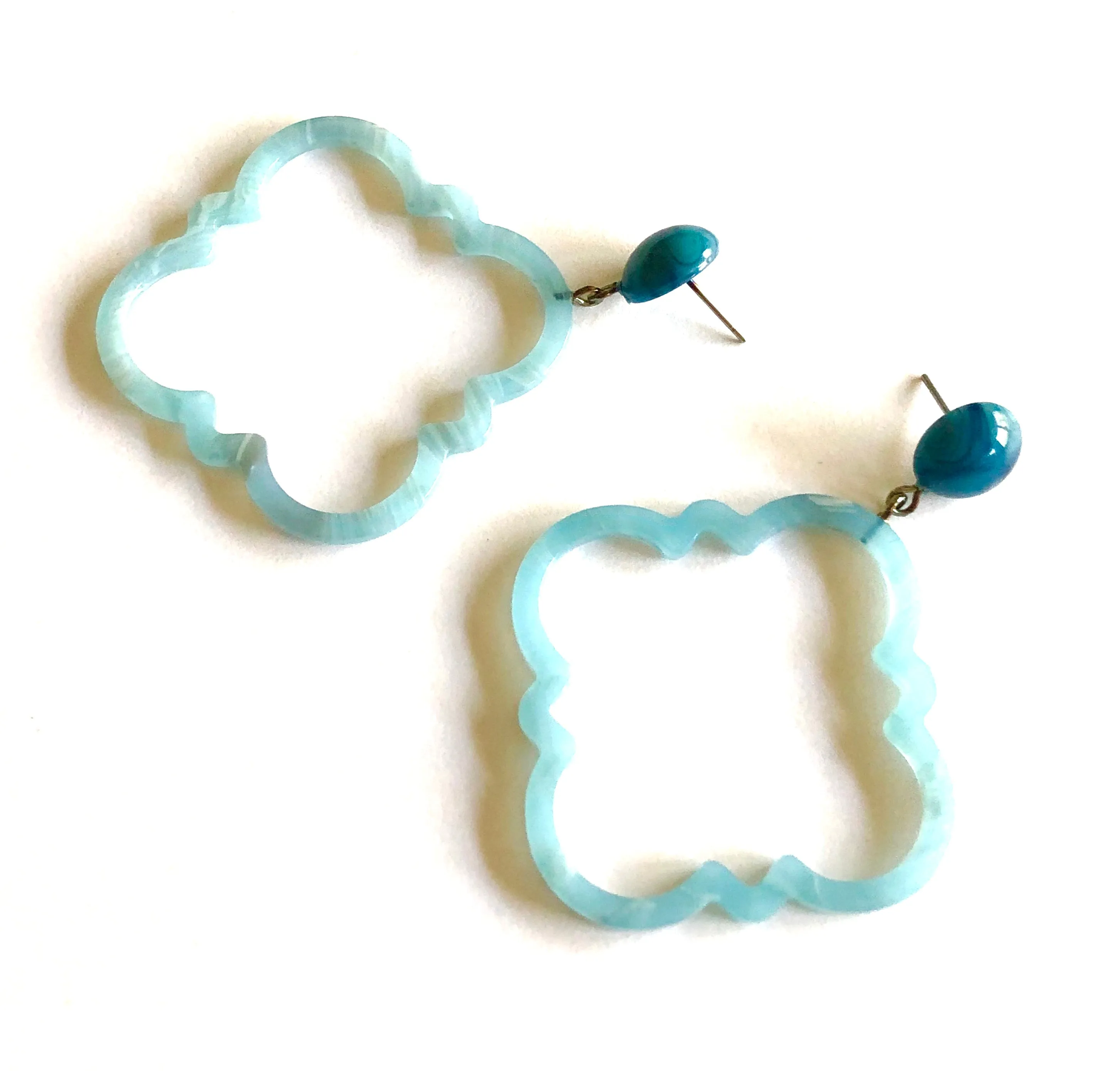 Aqua Blue Marbled Quatrefoil Earrings