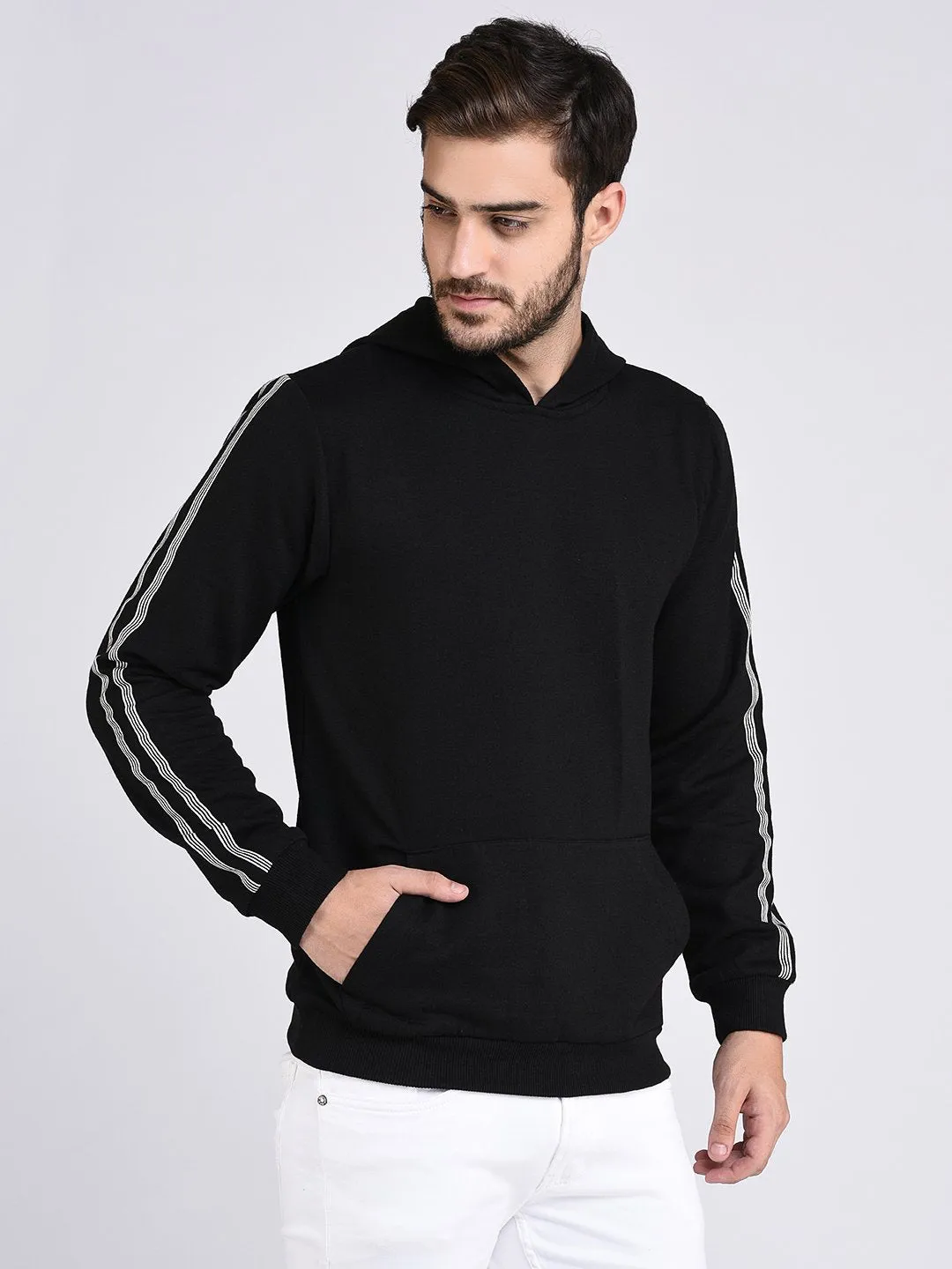 Black Fleece With Stripe Tape Patch On Sleeve Hooded Sweatshirt-Full