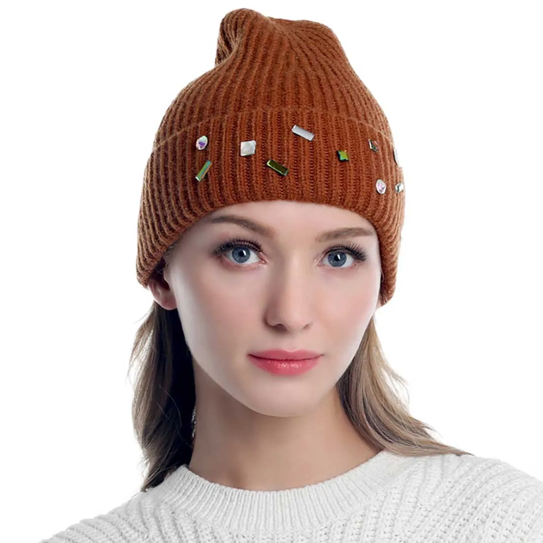 Bling Stone Embellished Knit Beanie Hat