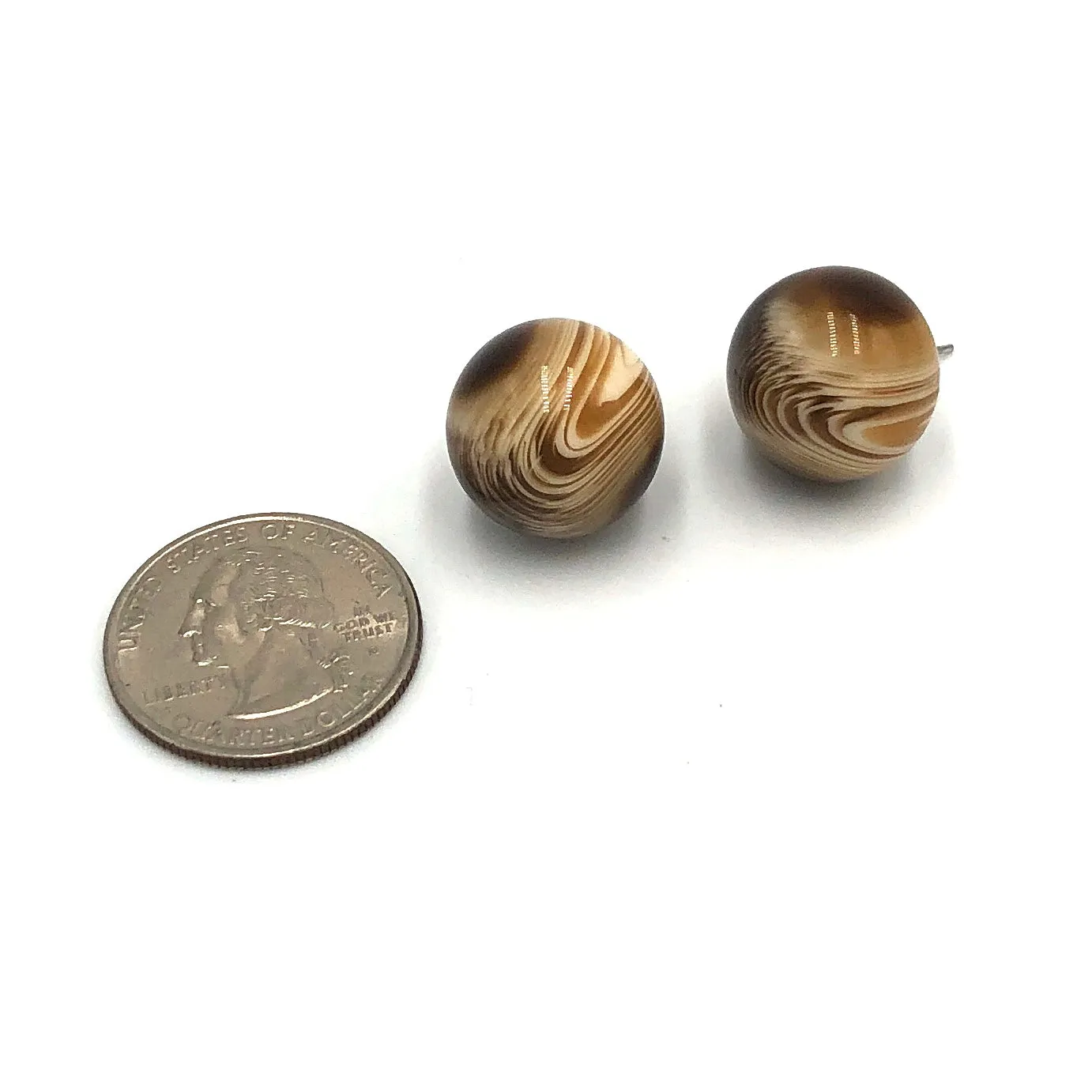 Brown Marbled Agate Retro Button Stud Earrings