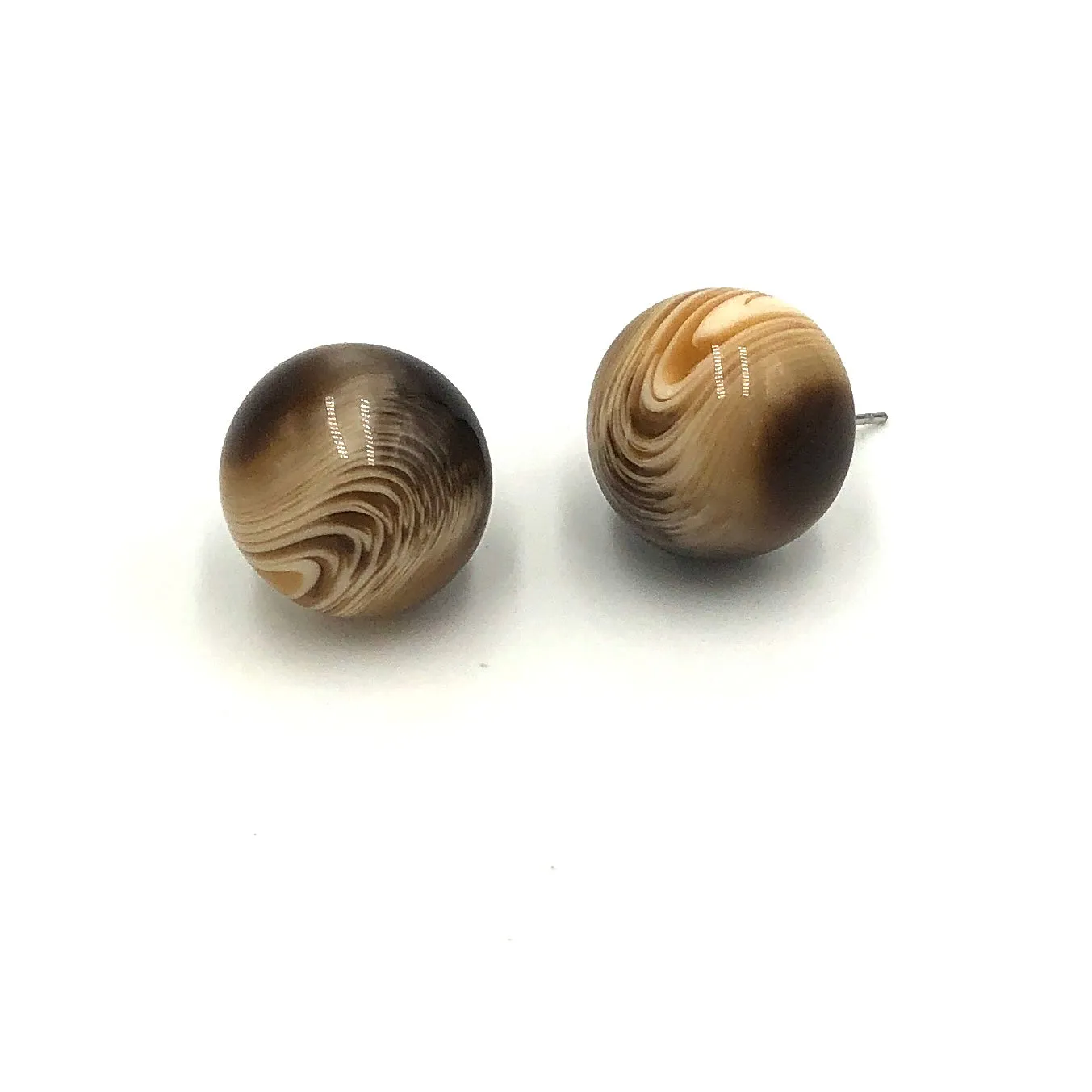 Brown Marbled Agate Retro Button Stud Earrings