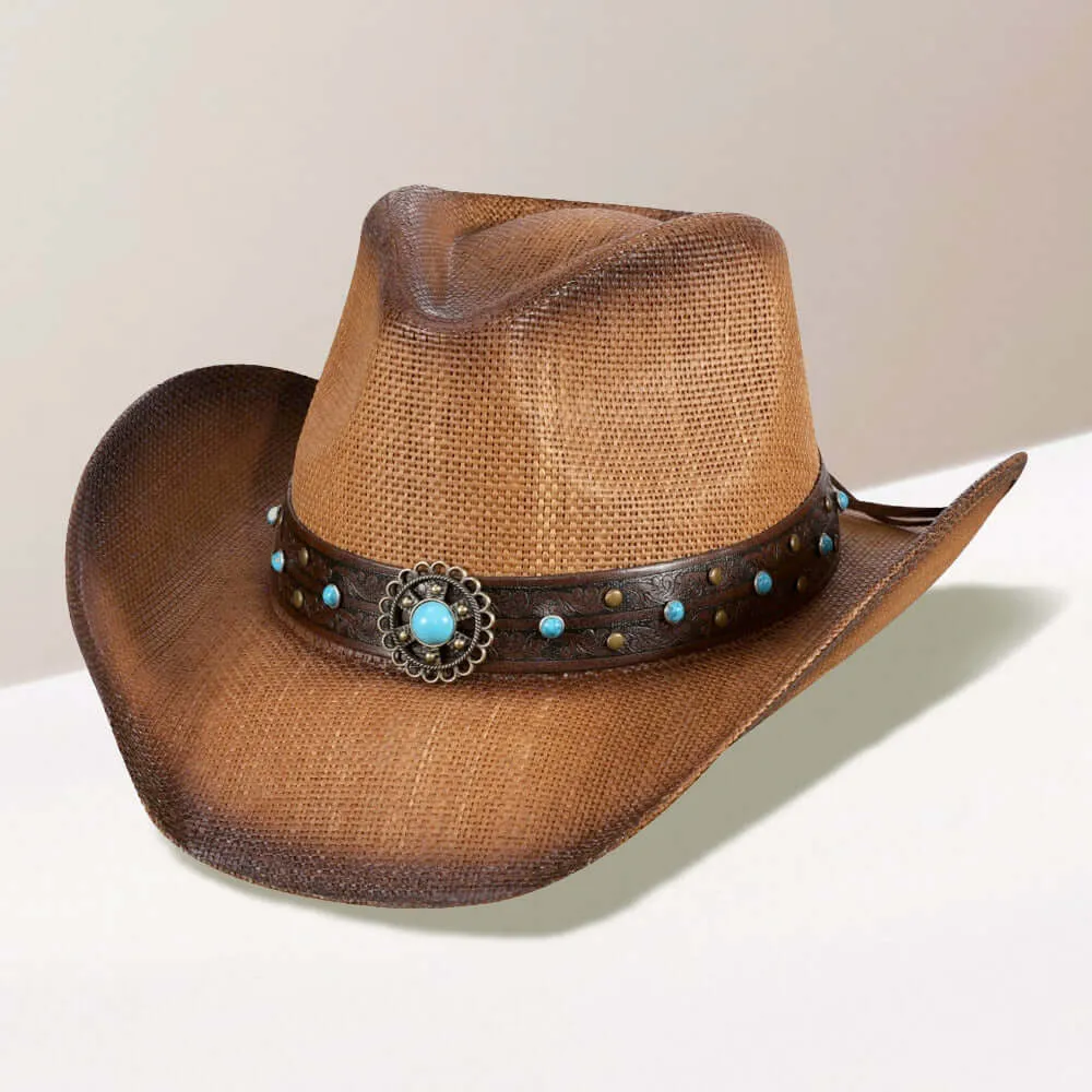 Brown Turquoise Stone Western Flower Faux Leather Straw Cowboy Hat