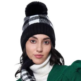 Buffalo Check Patterned Faux Fur Pom Pom Beanie Hat