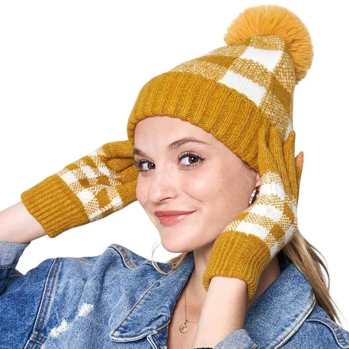 Buffalo Check Patterned Faux Fur Pom Pom Beanie Hat