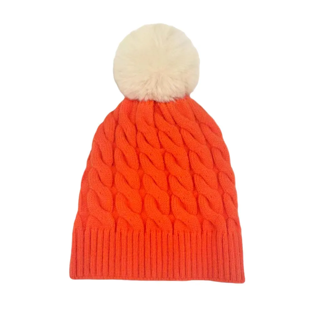 Cable Knit Faux Fur Pom Pom Beanie Hat