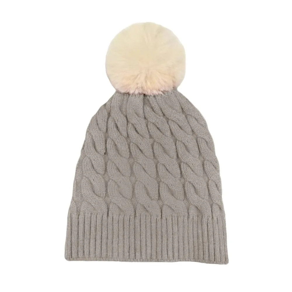 Cable Knit Faux Fur Pom Pom Beanie Hat