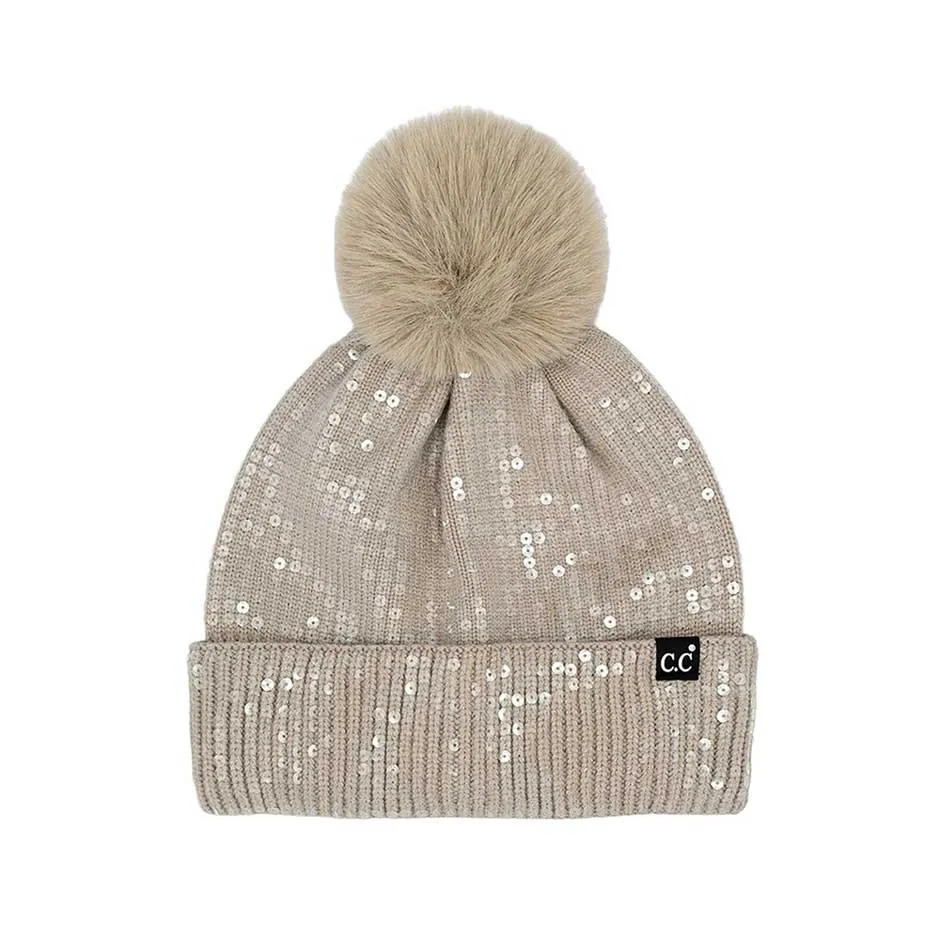 C.C All Over Clear Sequin Pom Beanie