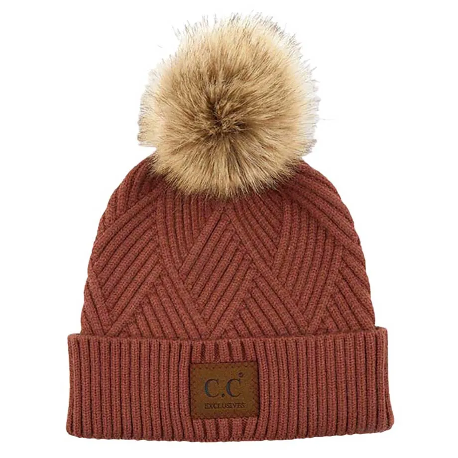 C.C Heather Beanie Hat With Pom Pom And Suede Patch