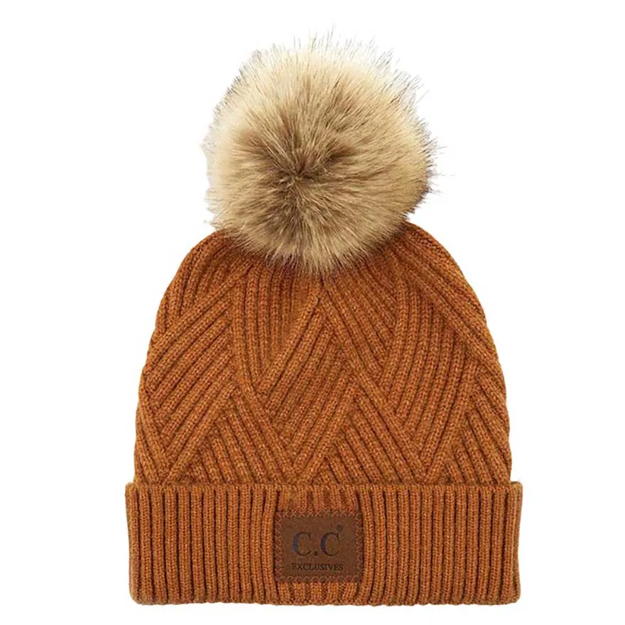 C.C Heather Beanie Hat With Pom Pom And Suede Patch