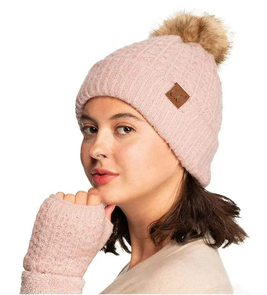 C.C Smocking Stitch Pattern Pom Beanie Hat