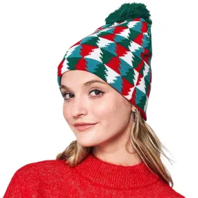 Christmas Tree Patterned Pom Pom Beanie Hat