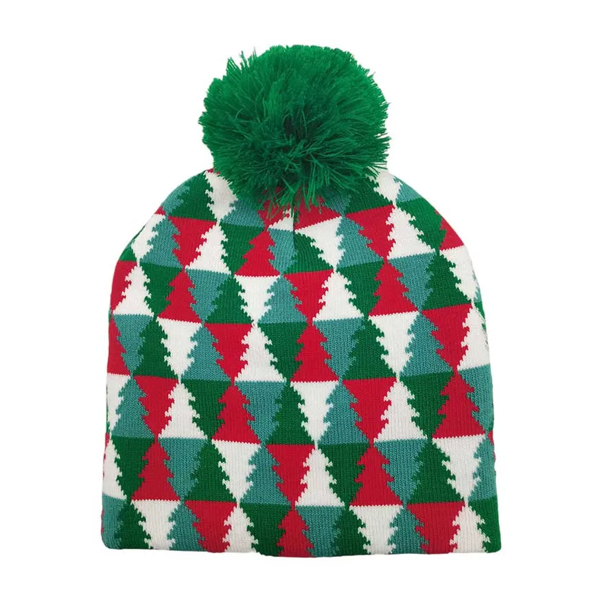 Christmas Tree Patterned Pom Pom Beanie Hat