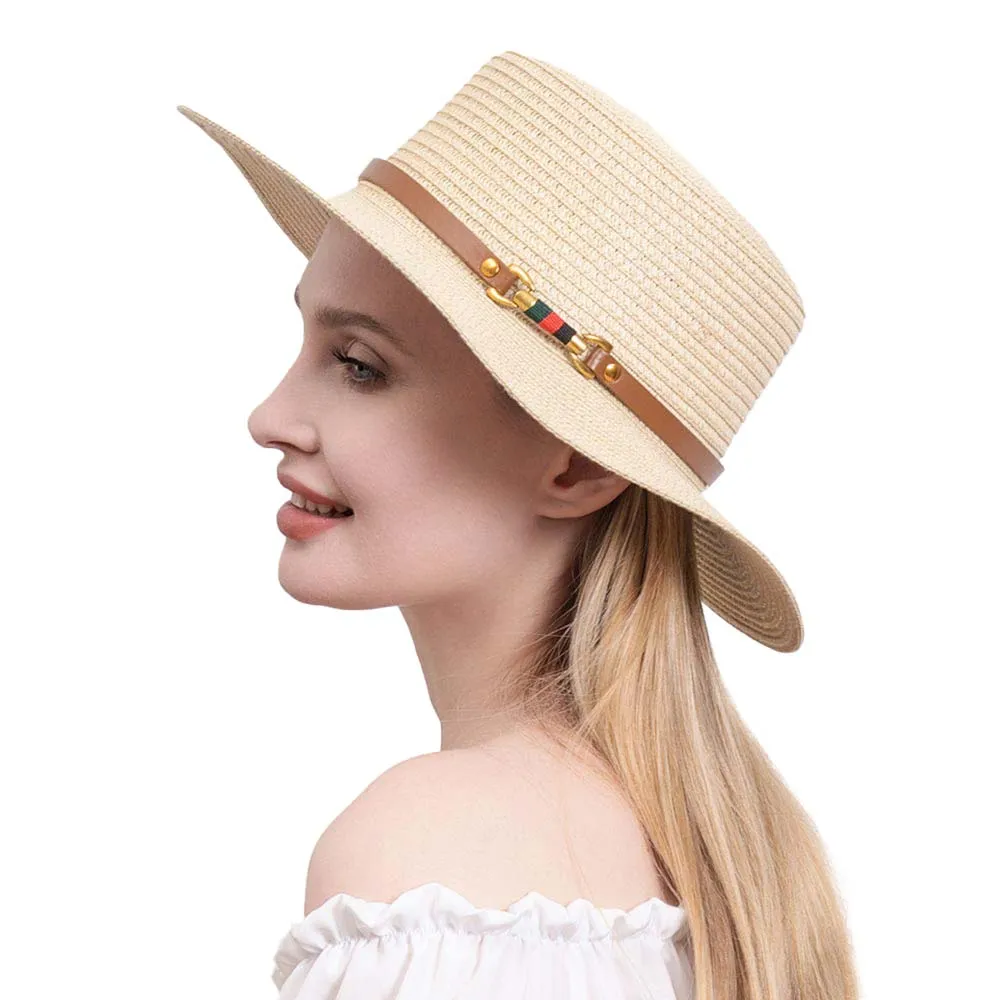 Color Block Pointed Faux Leather Band Straw Sun Hat