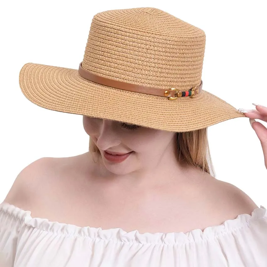 Color Block Pointed Faux Leather Band Straw Sun Hat