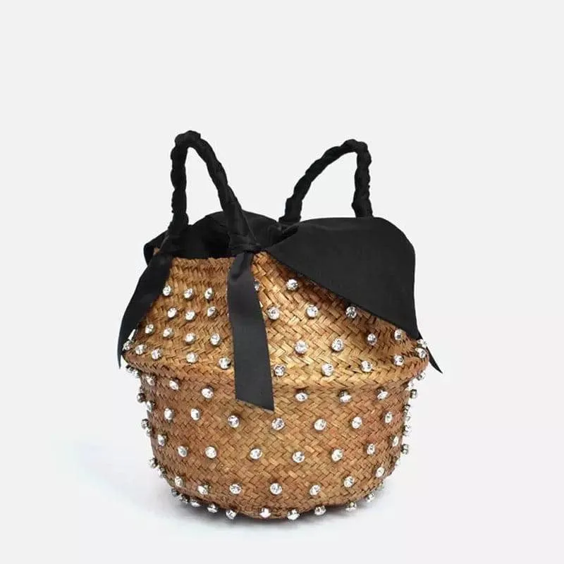 Diamond Decorated Straw Bucket Bag with Black Lining