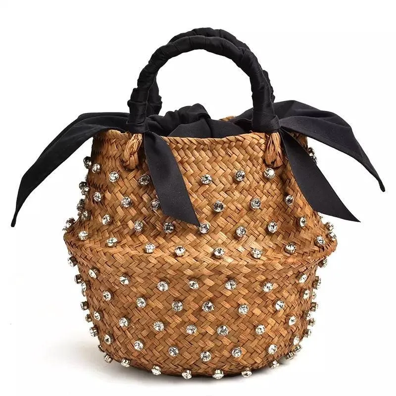 Diamond Decorated Straw Bucket Bag with Black Lining