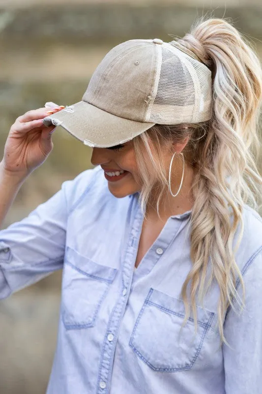 Distressed Messy Bun Hat Cap