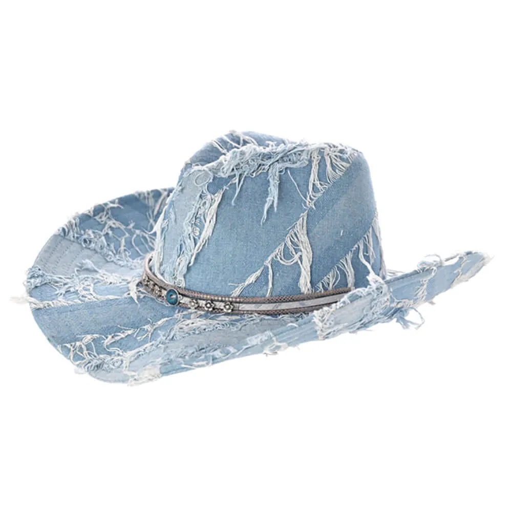 Flower Pointed Band Distressed Denim Cowboy Hat for Women