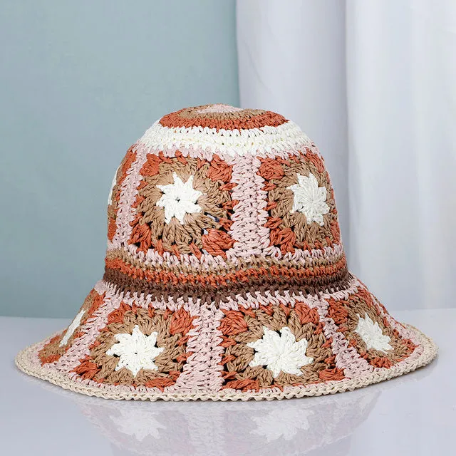 Granny Squares Bucket Hat "Summer Of Love" Available In Six Different Colors Boho Raffia Straw Hat Keeps The Sun's Rays Off Of Your Face To Keep A Youthful Look Without Chemical Sunscreens