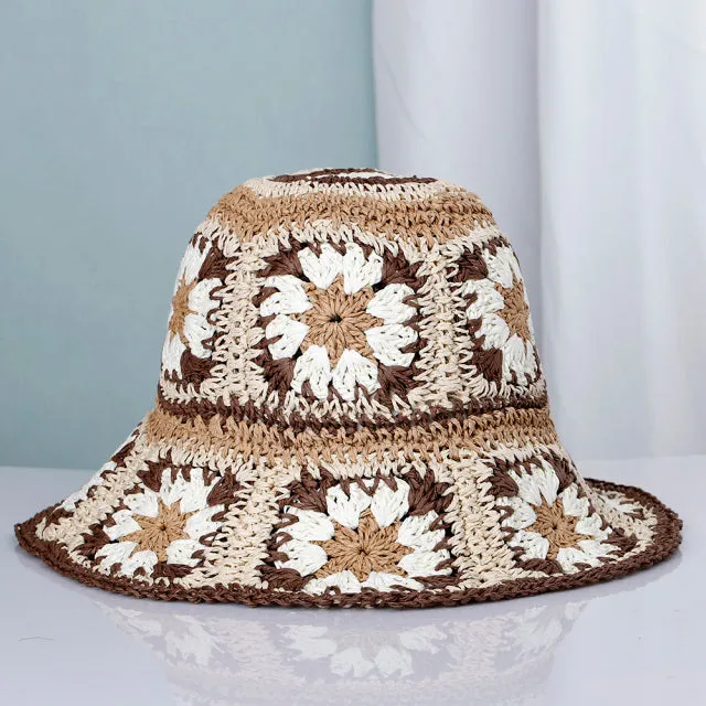 Granny Squares Bucket Hat "Summer Of Love" Available In Six Different Colors Boho Raffia Straw Hat Keeps The Sun's Rays Off Of Your Face To Keep A Youthful Look Without Chemical Sunscreens