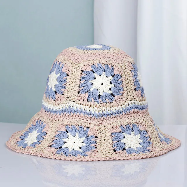 Granny Squares Bucket Hat "Summer Of Love" Available In Six Different Colors Boho Raffia Straw Hat Keeps The Sun's Rays Off Of Your Face To Keep A Youthful Look Without Chemical Sunscreens