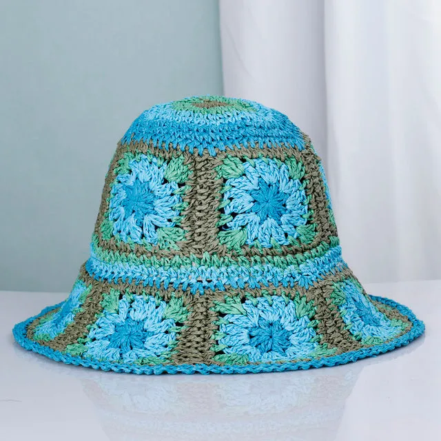 Granny Squares Bucket Hat "Summer Of Love" Available In Six Different Colors Boho Raffia Straw Hat Keeps The Sun's Rays Off Of Your Face To Keep A Youthful Look Without Chemical Sunscreens