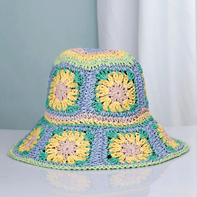 Granny Squares Bucket Hat "Summer Of Love" Available In Six Different Colors Boho Raffia Straw Hat Keeps The Sun's Rays Off Of Your Face To Keep A Youthful Look Without Chemical Sunscreens