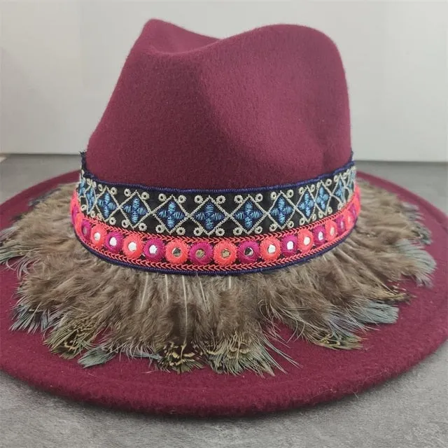 Gypsy Hat Wide Brim Fedora Panama 17 Different Styles & Colors You Choose Boho Wool Felt Hat With Coins Fringe Pom Poms Longhorn Tassels Mirrors Feathers Embroidery Check Them Out!