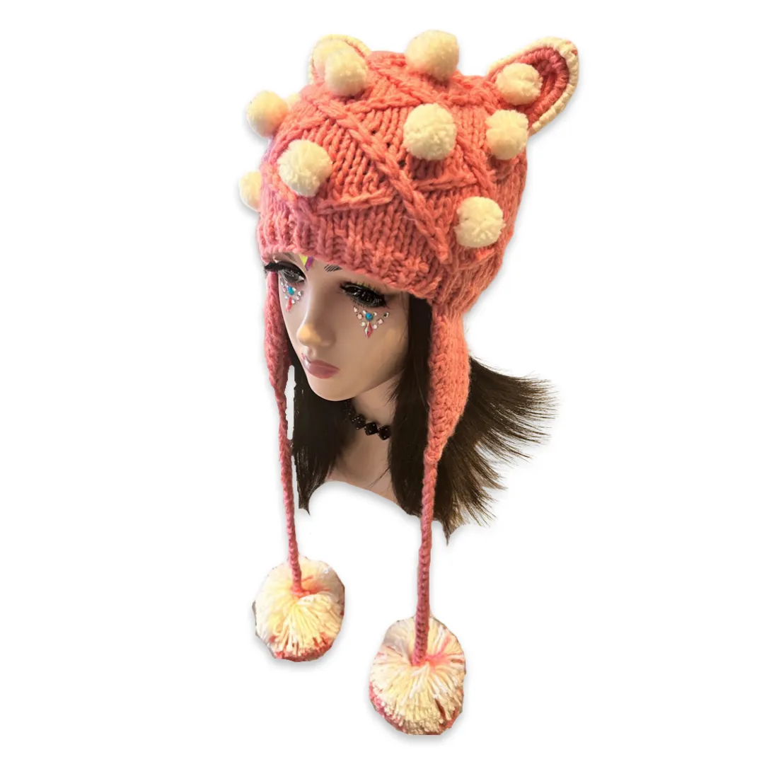 Handmade cat bear ears knitted hat with 2 big pom-poms, pink