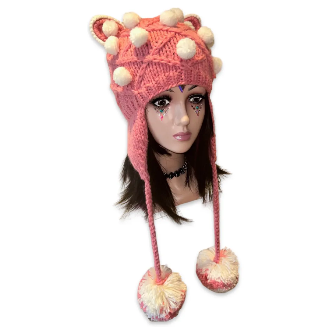 Handmade cat bear ears knitted hat with 2 big pom-poms, pink