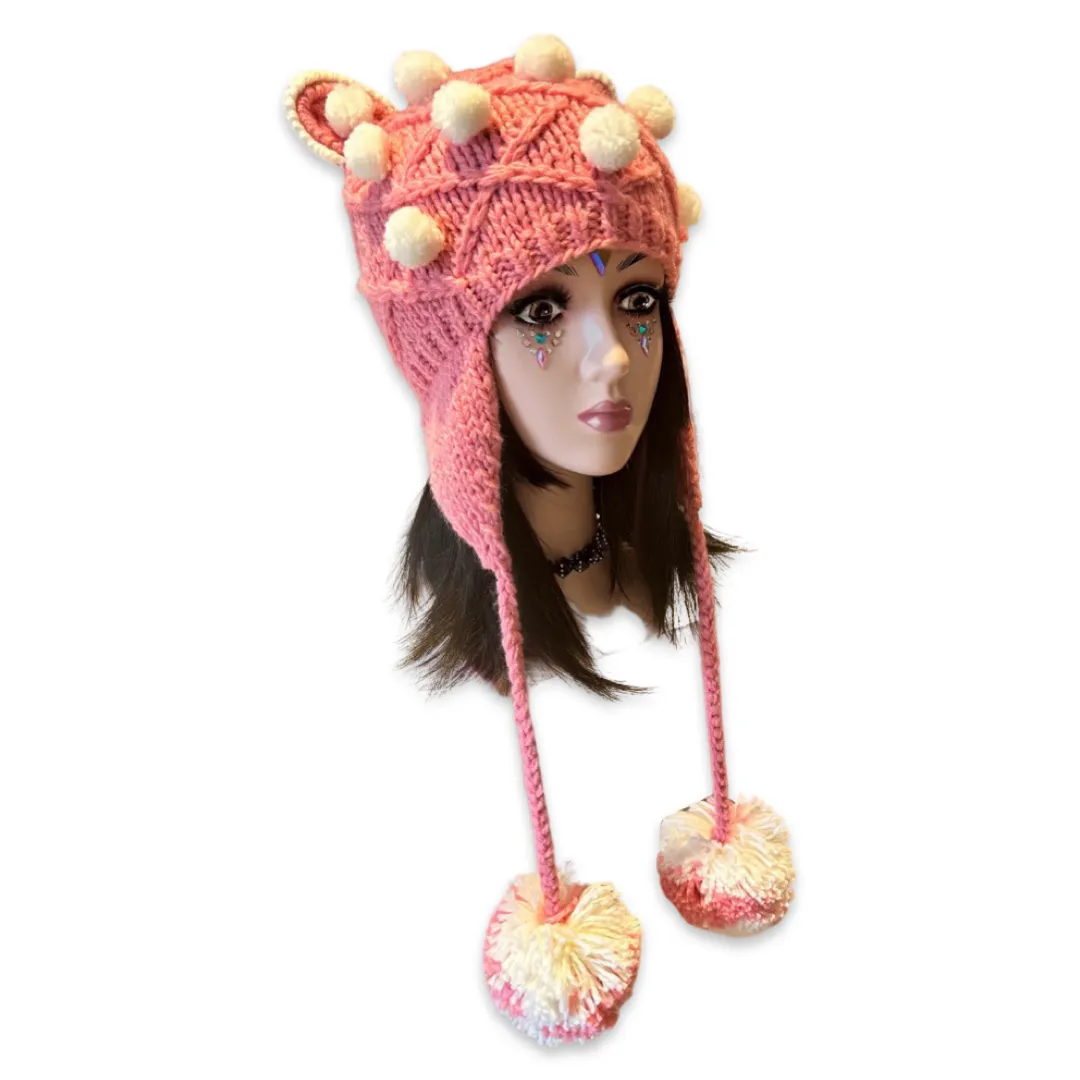 Handmade cat bear ears knitted hat with 2 big pom-poms, pink