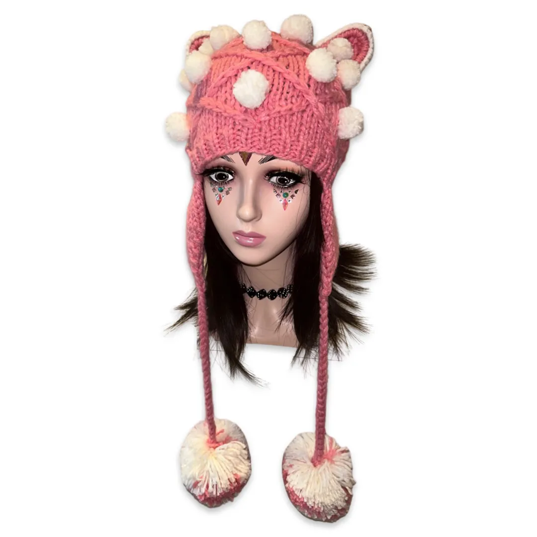 Handmade cat bear ears knitted hat with 2 big pom-poms, pink