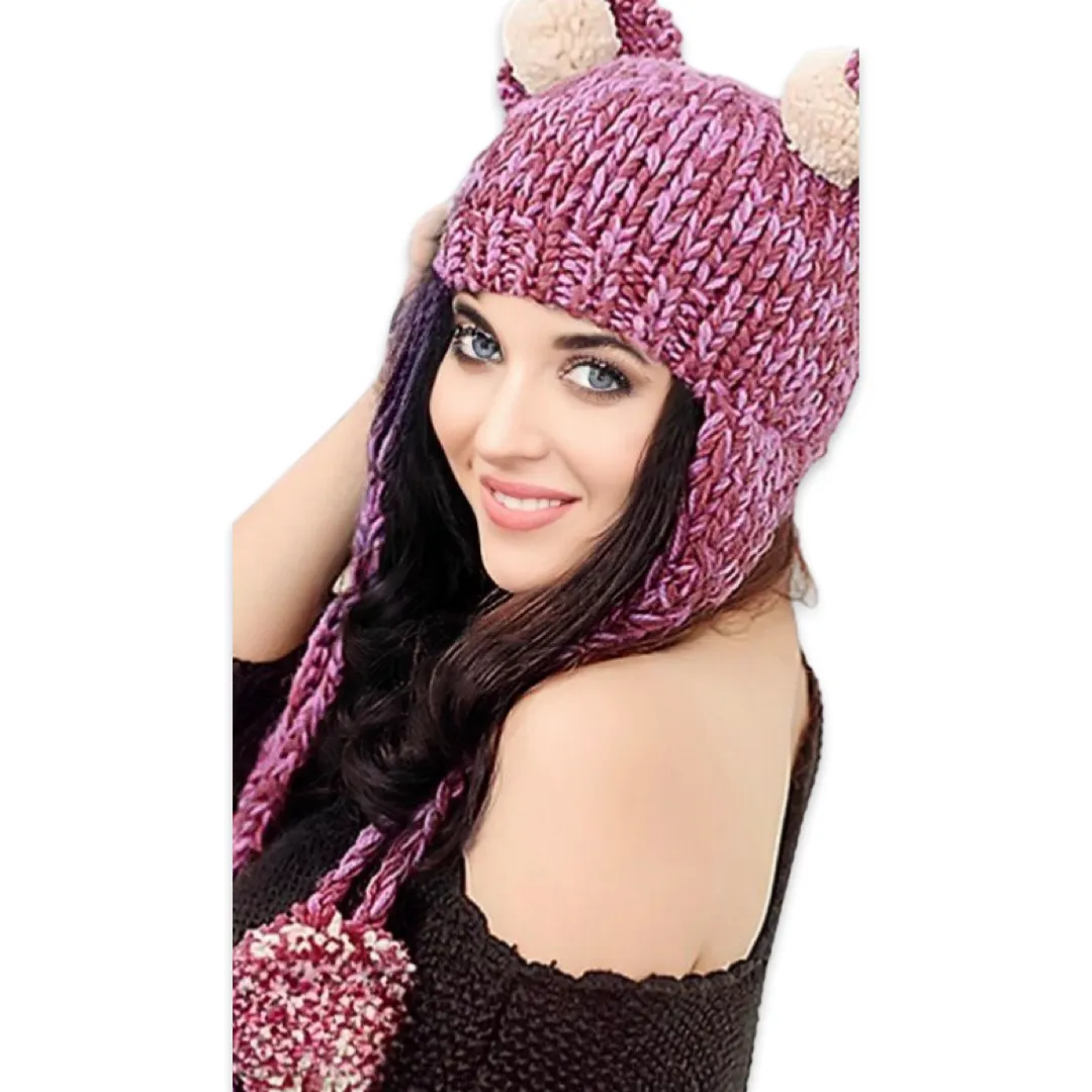 Handmade teddy bear ears knitted hat with 4 big pom-poms, plum