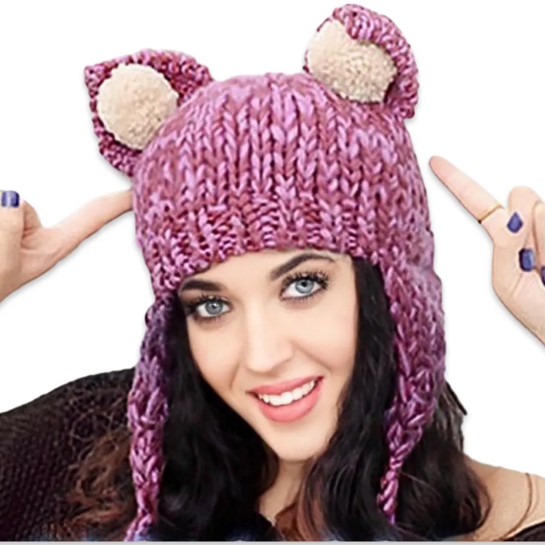 Handmade teddy bear ears knitted hat with 4 big pom-poms, plum