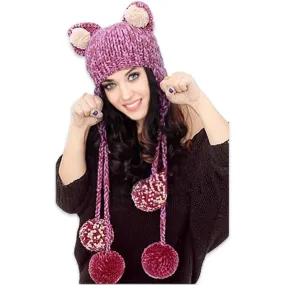 Handmade teddy bear ears knitted hat with 4 big pom-poms, plum