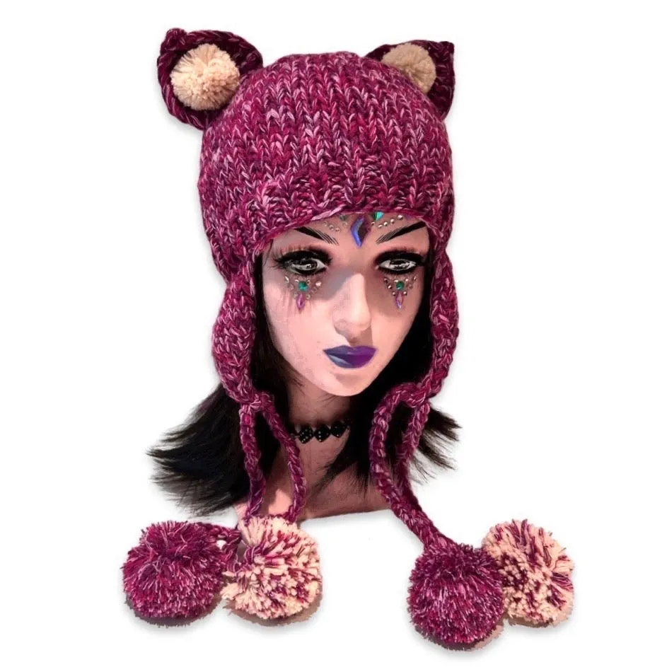 Handmade teddy bear ears knitted hat with 4 big pom-poms, plum