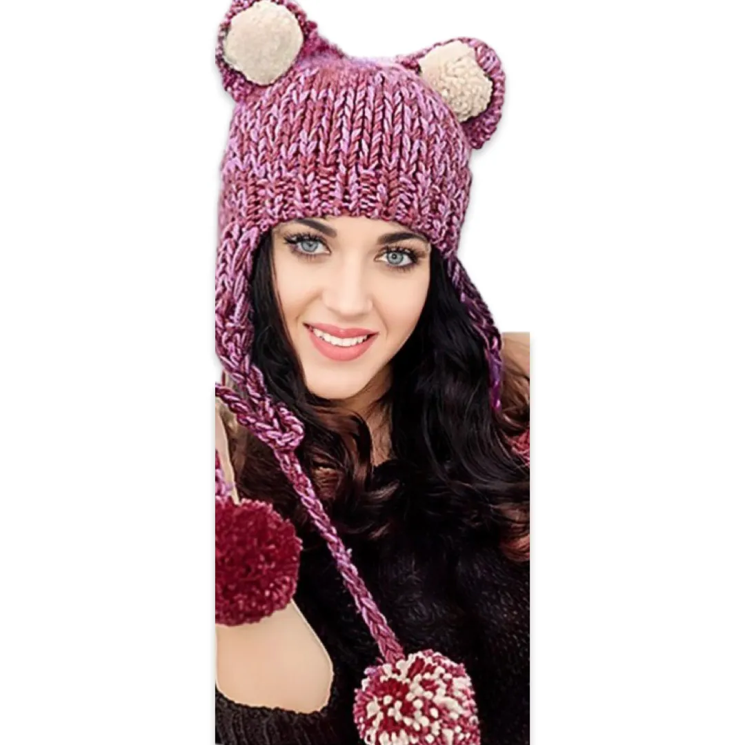 Handmade teddy bear ears knitted hat with 4 big pom-poms, plum