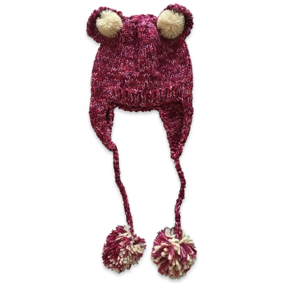 Handmade teddy bear ears knitted hat with 4 big pom-poms, plum