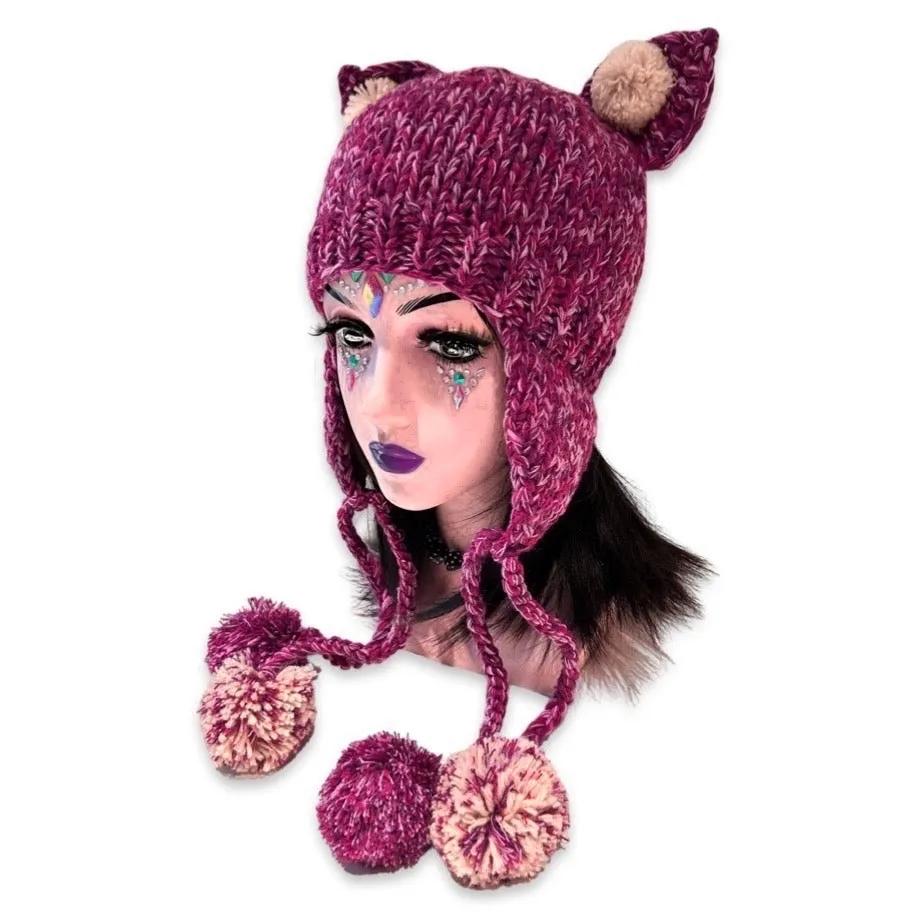 Handmade teddy bear ears knitted hat with 4 big pom-poms, plum