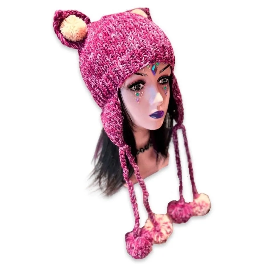 Handmade teddy bear ears knitted hat with 4 big pom-poms, plum