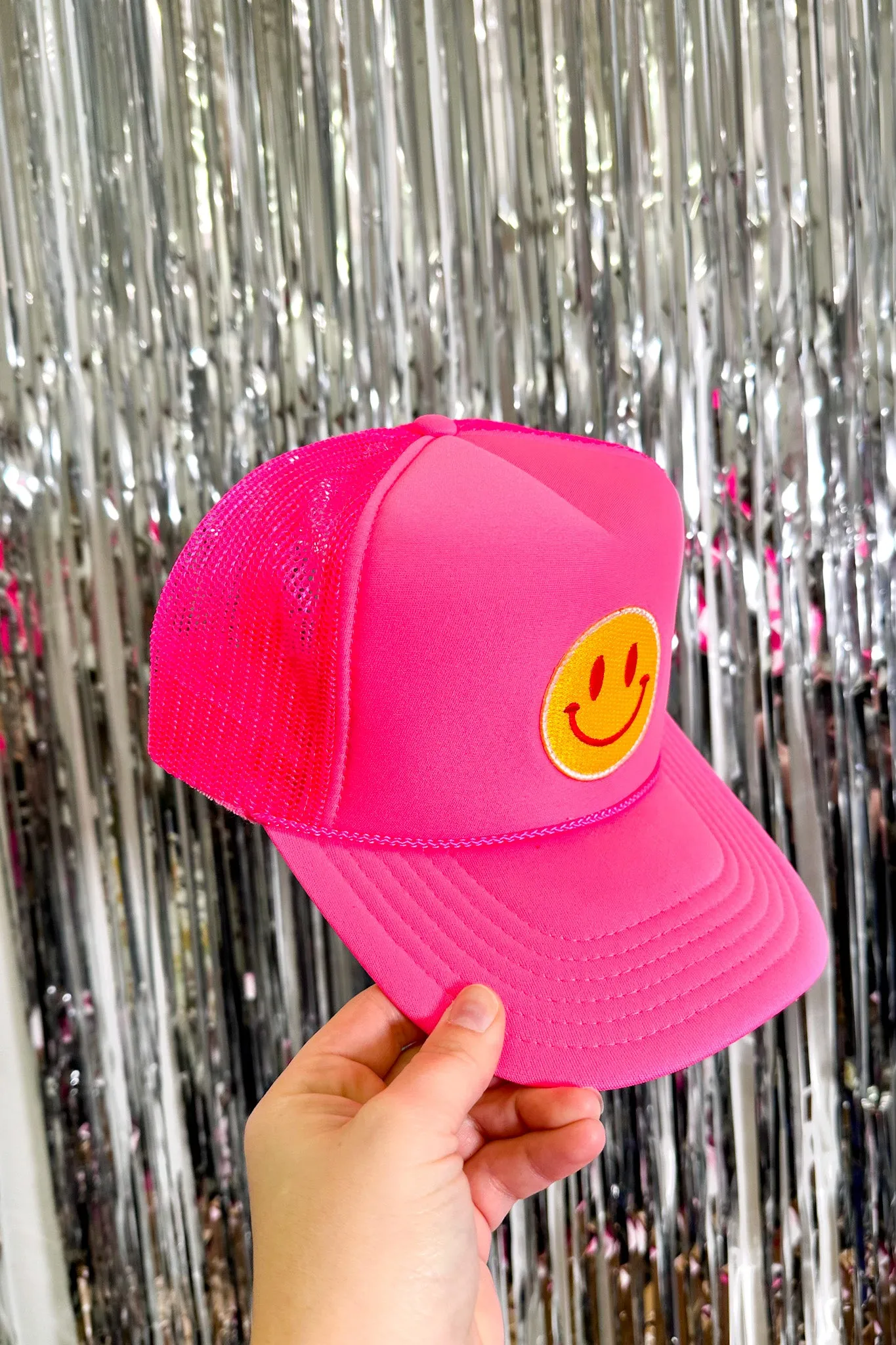 Happy Face Foam Trucker Hat, Hot Pink