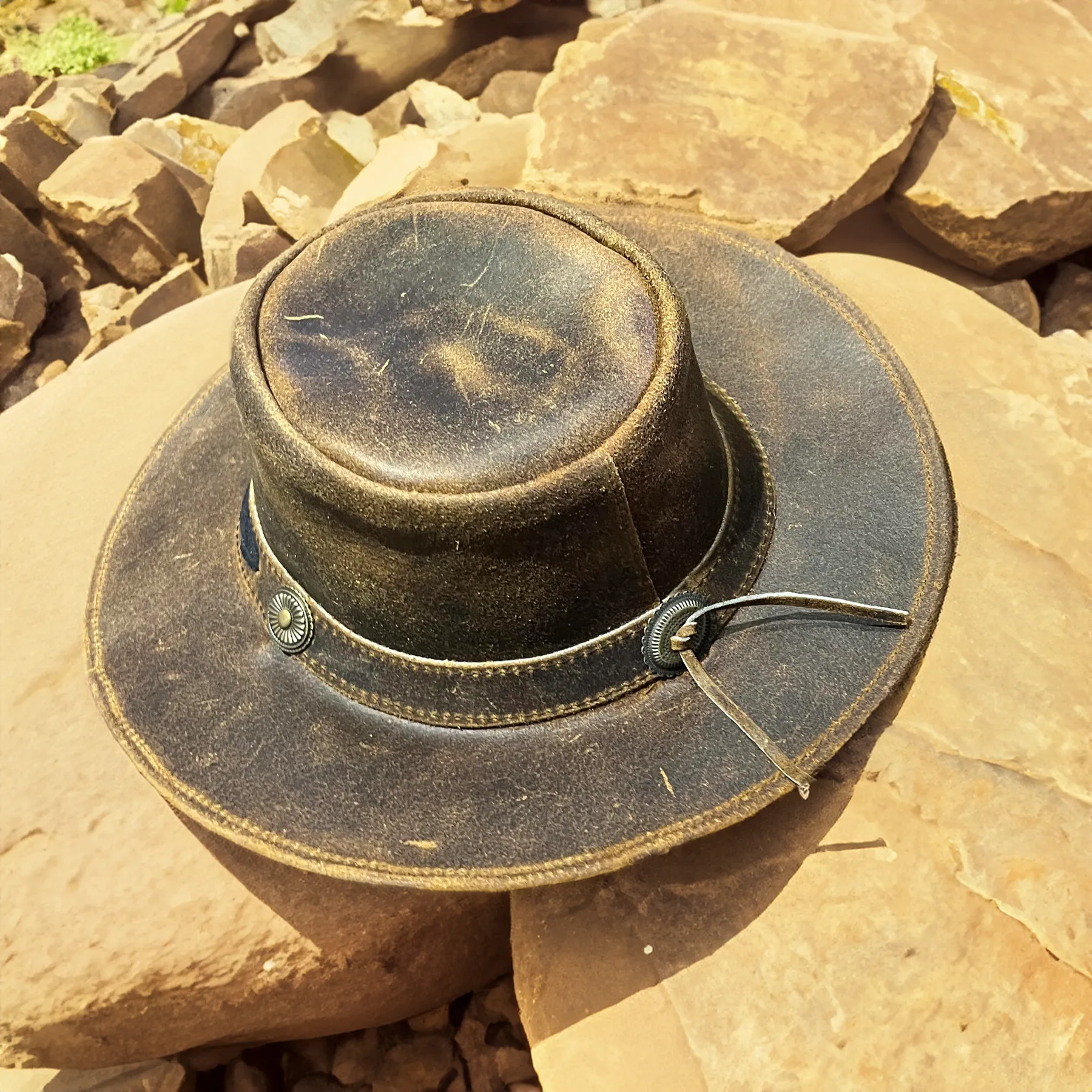 Hazy Blue Unisex Cowboy Distressed Leather Hat - Detroit