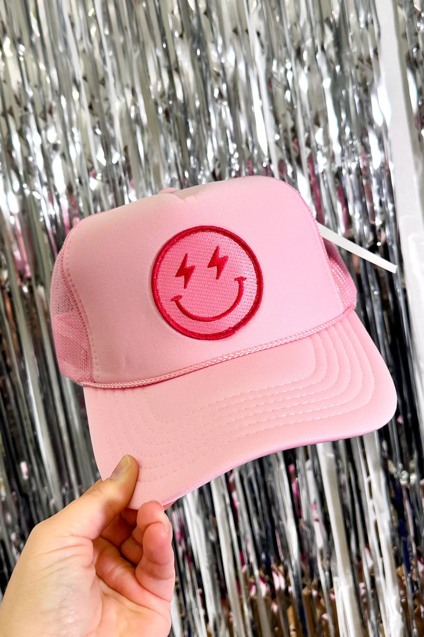 Lightning Happy Face Foam Trucker Hat, Light Pink