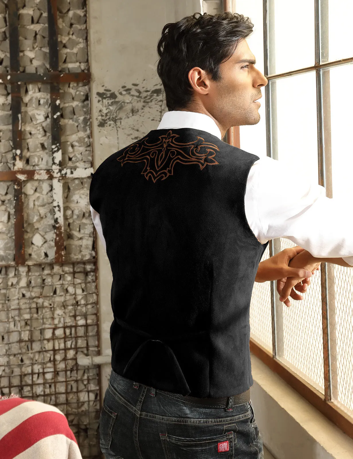 Men's Suede Leather Suit Vest Embroidery Casual Slim Fit Western Vest Waistcoat